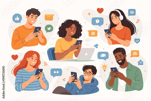 Flat vector illustration of diverse people communicating online using mobile gadgets like smartphones and laptops. Men and women browsing social media, sending messages, and digital networking.