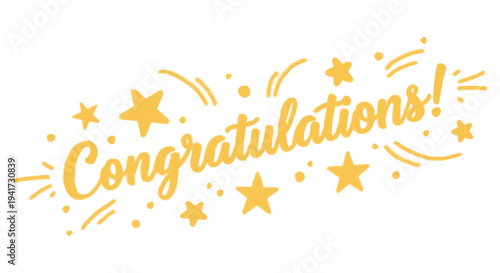 Illustration of hand drawn golden congratulations with stars isolated on transparent background