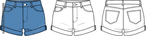 Women's Denim Shorts Flat Vector Illustration, Rolled Hem Jean Shorts Technical Fashion Sketch