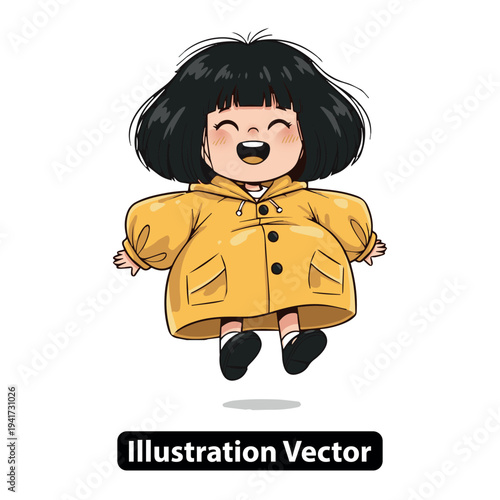 A young girl with black hair jumping happily in a yellow raincoat illustration from a front viewpoint
