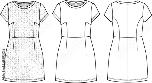 Women's Short Sleeve Sheath Dress Fashion Technical Sketch, Front and Back View Flat Illustration