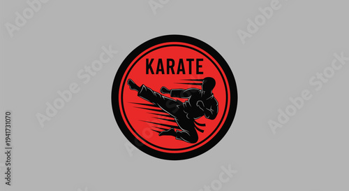 Dynamic Karate Emblem with Kicking Figure and Bold Typography.