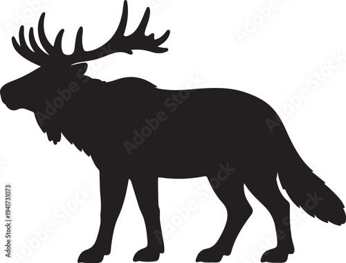 Moose silhouette vector illustration, side view of largest deer species, characterized by broad antlers in males, native to northern forests of north america and eurasia, flat design