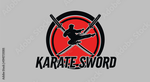 Dynamic Karate Sword Logo with Martial Arts Silhouette.