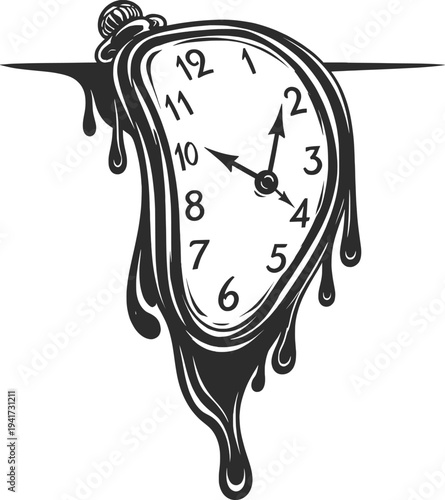 Melting Clock Surreal Illustration, Abstract Time Distortion Vintage Line Art.