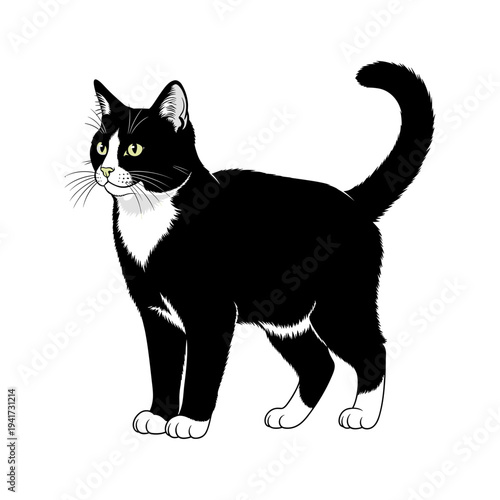 A black and white cat standing on a plain background
