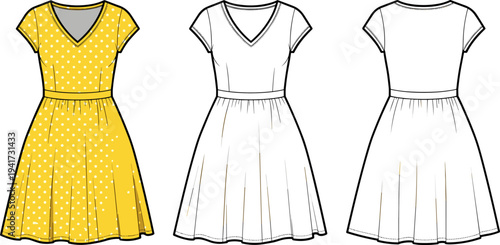 Yellow Polka Dot Summer Dress Flat Vector Illustration, V-Neck Short Sleeve Fashion Technical Sketch