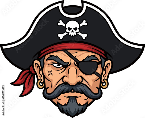 Fierce Pirate Captain Mascot Logo with Eyepatch, Tricorne Hat and Skull Emblem – Vector Illustration