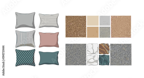 A grid-like composition displays six square throw pillows and six square texture swatches in various patterns and colors on a white background.