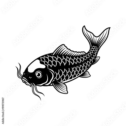 A black and white drawing of a koi fish swimming