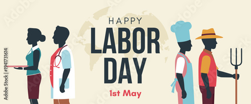 Happy Labor Day Banner with Diverse Workers Professions and World Map Background, International Workers Day Concept
