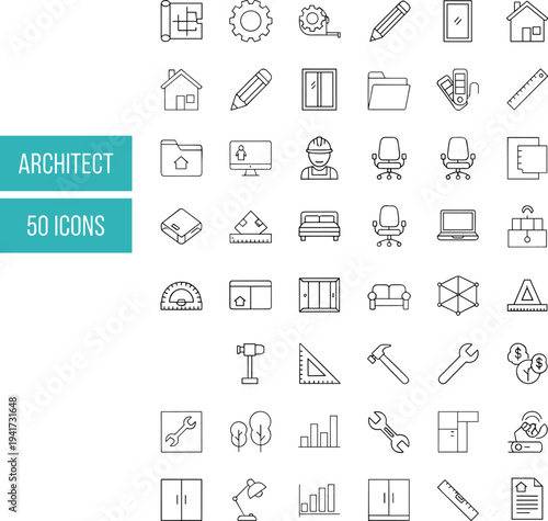 Architect and construction line icons set including blueprint, tools, furniture, engineer and building symbols, modern architecture and interior design outline vector collection