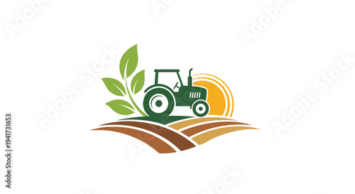 Green Tractor on Farm Field with Sun and Leaf Logo Design.