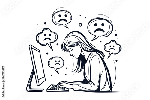 Sad woman at computer with unhappy symbols around her in line art on white background, concept of stress and emotional struggle. Professional burnout syndrome.