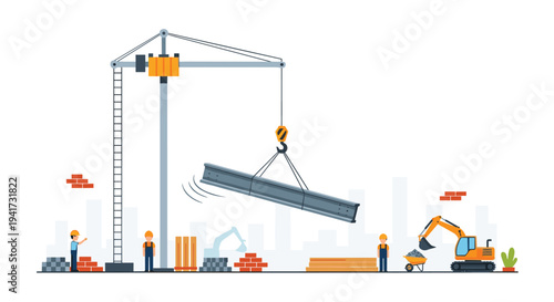 A busy construction site is illustrated with a large tower crane lifting a steel beam, an excavator, and three workers building.
