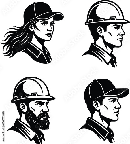 Construction worker and engineer avatar set with helmet and cap, male and female builder portraits, industrial profession profile icons vector illustration