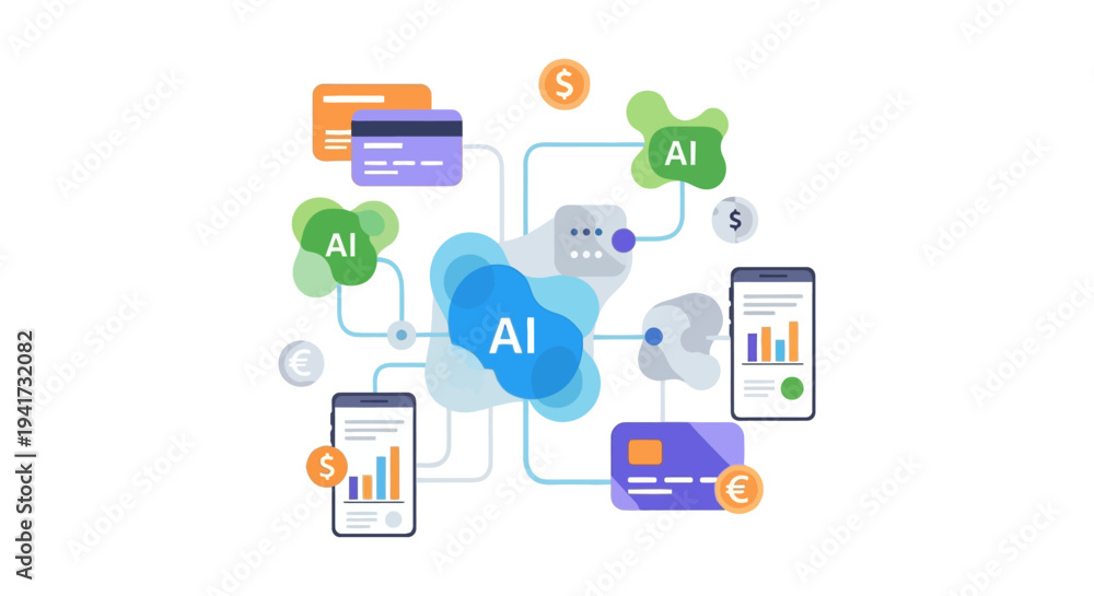 Fototapeta premium AI FinTech Financial Network Connection. Digital banking, mobile payment, data analysis, and machine learning illustration.