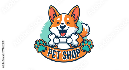 Happy Corgi Dog with Bone Pet Shop Logo Design.
