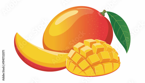 Tropical mango fruit illustration showing whole mango sliced mango and diced mango pieces bright juicy summer fruit