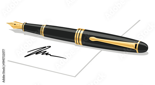 A sophisticated black fountain pen with golden accents is elegantly placed on a white sheet of paper, featuring a distinct signature.