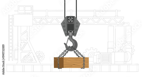 A robust crane hook with chains is depicted in a close-up view, lifting a single wooden block against an outlined industrial backdrop.