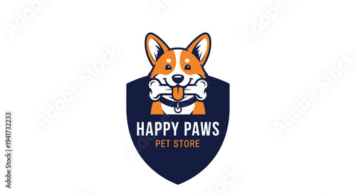 Happy Paws Pet Store Logo featuring a cheerful Corgi dog holding a bone.