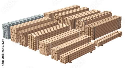 Multiple organized stacks of bundled wooden planks and beams, some grey, are presented in an isometric view on a clean white background.