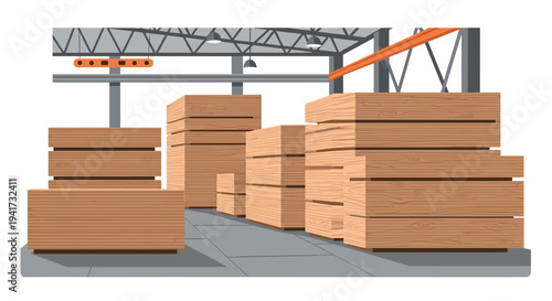 A large industrial warehouse interior is filled with numerous towering stacks of wooden planks and sheets, featuring a metal roof structure.