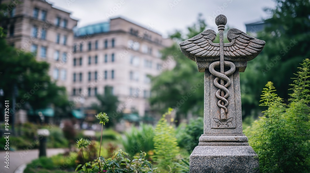 Obraz premium Sculpture of Caduceus in Urban Park Setting
