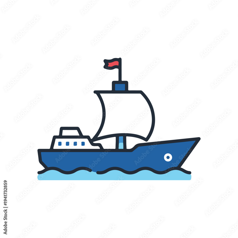 Obraz premium Modern Sailboat Icon, Blue and White, Ocean Travel Concept