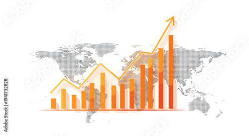 A prominent orange 3D bar chart with an upward trend line is visually overlaid on a subtle dotted grey world map.