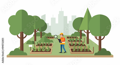 Farmer Inspecting Urban Garden.