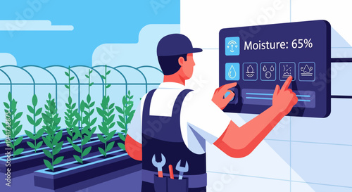 Farmer Monitoring Greenhouse Plants.