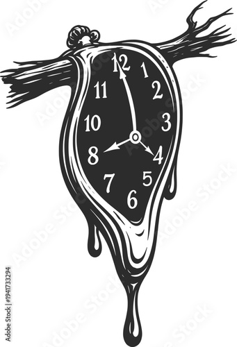 Melting Clock Surreal Illustration, Abstract Time Distortion Vintage Line Art.