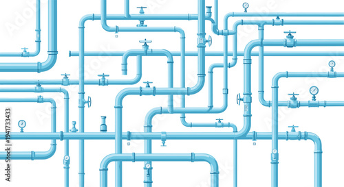 An intricate and dense network of light blue pipes, featuring multiple valves and pressure gauges, extends across a clean white background in a complex pattern.