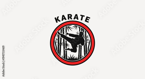 Karate fighter performing a dynamic flying kick in a circular emblem.