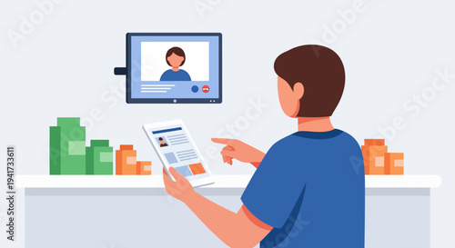 Man Videoconferencing at Desk.