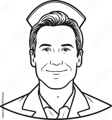 Hand Drawn Man as Nurse Black and White Avatar Illustration in Minimal Line Art Style Design