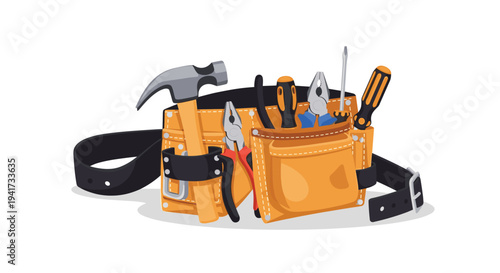 A brown leather tool belt, fully loaded with a hammer, pliers, screwdrivers, and wrenches, is neatly displayed at an angle on a clean white background.