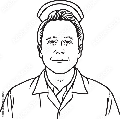 Hand Drawn Man as Nurse Black and White Avatar Illustration in Minimal Line Art Style Design