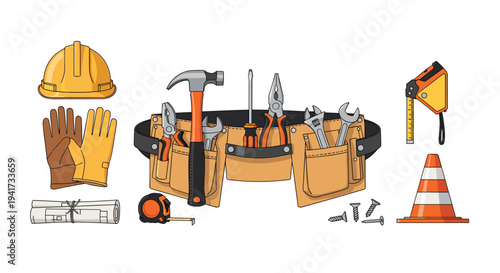A yellow hard hat, brown work gloves, a loaded tool belt, a tape measure, a rolled blueprint, several screws, and an orange traffic cone are neatly displayed on a white background.