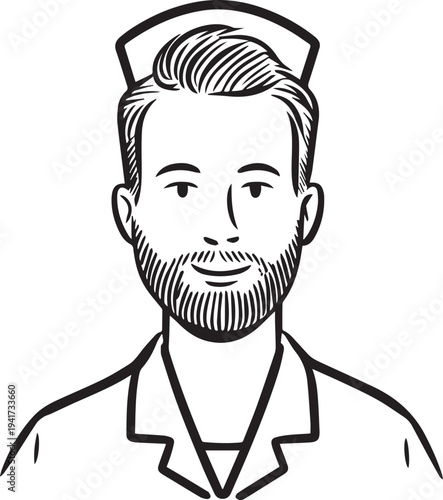 Hand Drawn Man as Nurse Black and White Avatar Illustration in Minimal Line Art Style Design