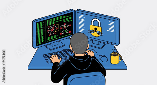 Man Working on Computer Security.