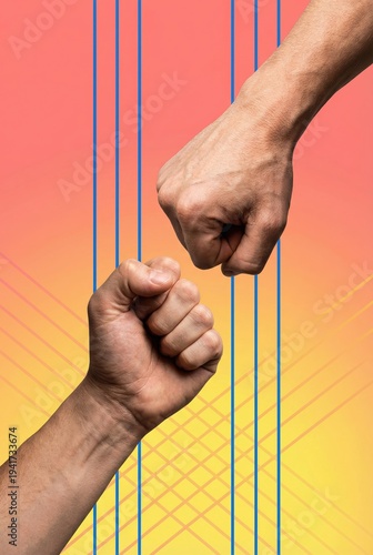 Two hands doing a fist bump gesture representing teamwork and partnership on a creative abstract background.