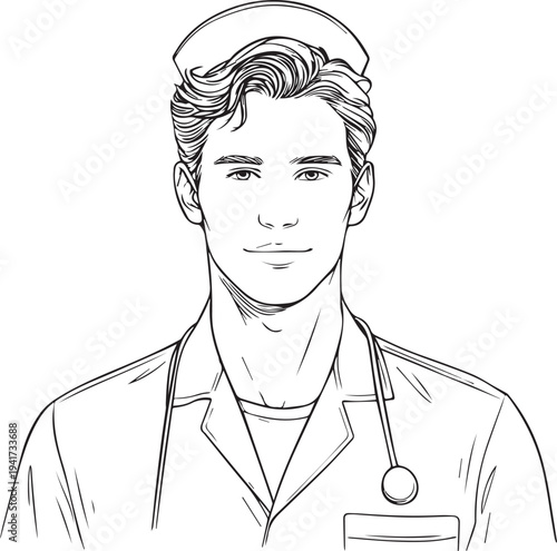 Hand Drawn Man as Nurse Black and White Avatar Illustration in Minimal Line Art Style Design