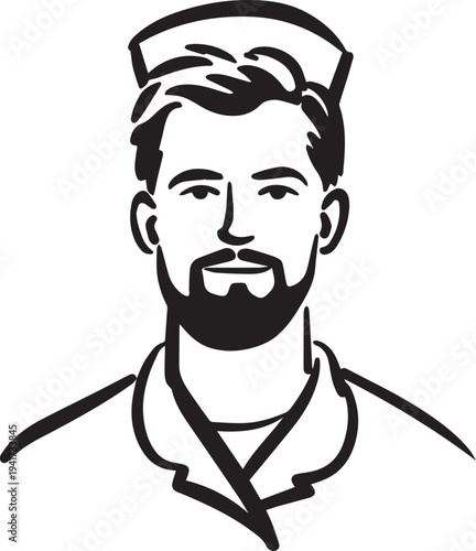 Hand Drawn Man as Nurse Black and White Avatar Illustration in Minimal Line Art Style Design