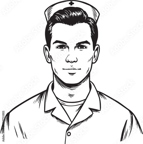 Hand Drawn Man as Nurse Black and White Avatar Illustration in Minimal Line Art Style Design