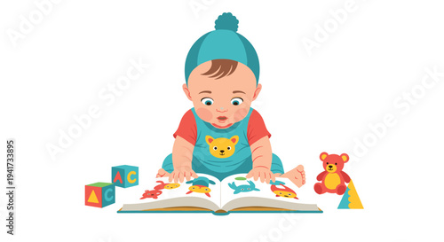 A young child with blond hair, wearing a striped shirt and blue pants, lies on his stomach on a light-colored floor, propped on his elbows, engrossed in an open picture book.