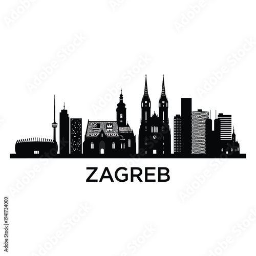 Zagreb skyline silhouette with prominent cathedral and modern buildings