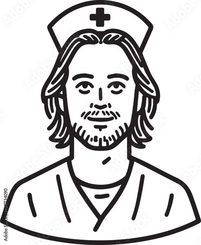 Hand Drawn Man as Nurse Black and White Avatar Illustration in Minimal Line Art Style Design